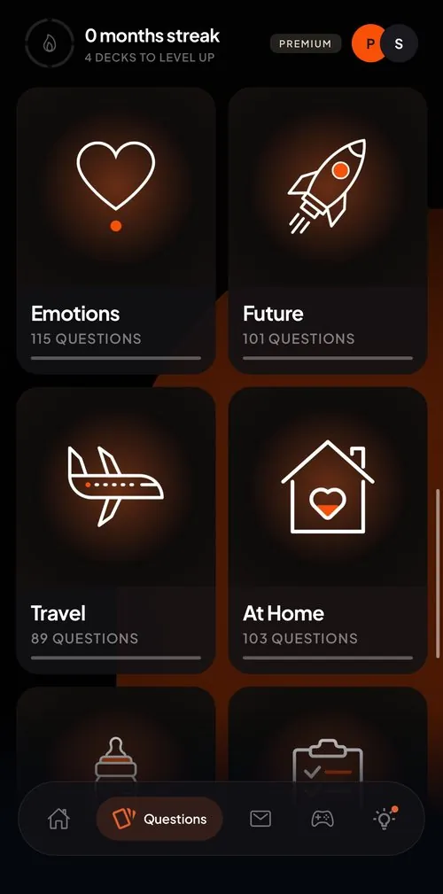 coupleroom question decks — Emotions, Future, Travel, At Home — from 2,500+ questions for couples